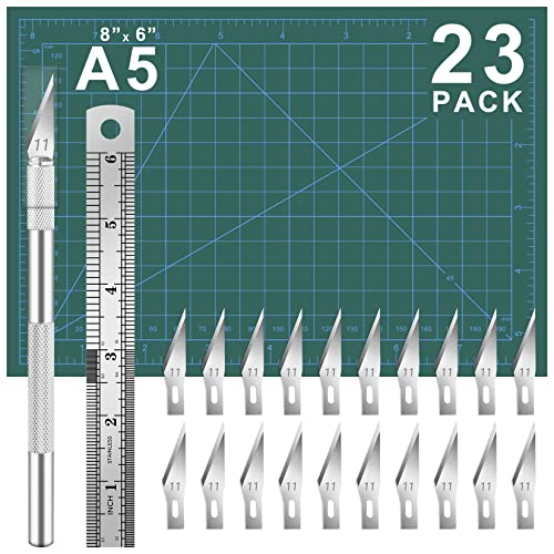 DIYSELF 23 Pack Exacto Knife Set, Hobby Knife Kit for Art, Scrapbooking | Exacto Knife Set with 20 Hobby Knife Precision Blades for Art, Scrapbooking, Stencil, 8" x 6" Cutting Mat for Crafts - color: Green