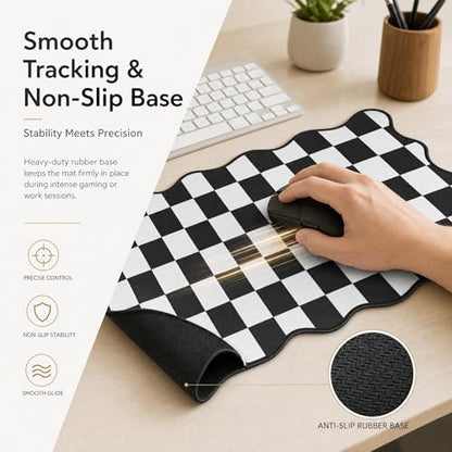 Large Checkered Desk Mat, 31.5" x 15.75" Scalloped Edge Mouse Pad, Non-Slip Rubber Base, Waterproof Desk Pad for Home Office Gaming, Keyboard Pad with Stitched Border (Black)