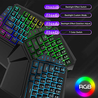 One-Handed RGB Mechanical Gaming Keyboard,Upgrade Multimedia Knob USB Wired Professional Gaming Keypad with Macro Function, Detachable Wrist Rest For PC/Xbox/PS4 (Black/Blue Switch)