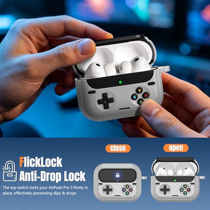 Getino Retro Game Case for AirPods Pro 3 | Game Console Design Protective Cover with Foldable Stand, Secure Lock Anti-Drop Shockproof PC+TPU Case, Keychain & Cleaning Kit for Men & Boys, Gray - color: Gray