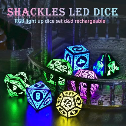 LED DND Dice Set, Light up Dice Rechargeable for RPG DM Gifts, RGB | ZHOORQI D and D Polyhedral Dice with Charging Box, Glow in The Dark Dice Easy Reading for Dungeons and Dragons TTRPG - color: Rgb-shackles