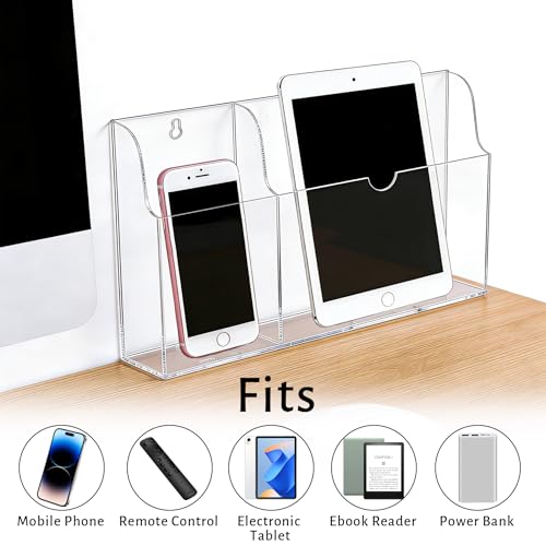 Acrylic Wall Mounted Phone Holder, Tablet Wall Mount with Charging Holes, 2 Slots Wall Remote Control Holder for iPad Kindle Laptop, Clear