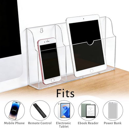 Acrylic Wall Mounted Phone Holder, Tablet Wall Mount with Charging Holes, 2 Slots Wall Remote Control Holder for iPad Kindle Laptop, Clear