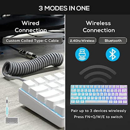 RK ROYAL KLUDGE RK61 60% Mechanical Keyboard with Coiled Cable, 2.4Ghz/Bluetooth/Wired, Wireless Bluetooth Mini Keyboard 61 Keys, RGB Hot Swappable Red Switch Gaming Keyboard with Software - White - color: White, size: Hot-swappable Red Switch