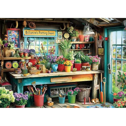 MINIWAN Billionaire's Potting Shed Garden Puzzles for Adults 1000 Pieces | Cozy Gardener's Workbench with Flowers Cat, Gift for Garden & Cottagecore Lovers, 27.5x19.7 Inch - color: Billionaire's Potting Shed Garden