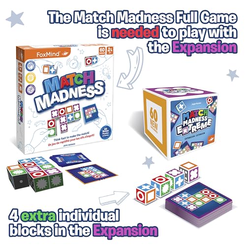 FoxMind Games: Expansion Pack -Match Madness Extreme Used with Original Match Madness Pattern Matching Puzzle Game, 60 New Challenge Cards, Fast-Paced up to 4 Players, Ages 7 and up - style: Expansion - Extreme