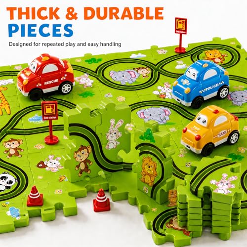 Beby Buty 64PCS Puzzle Race Track Car Set for Kids Boys, Floor Puzzle Tracks Car Toys for Boys Girls Ages 3-5 4-6, Toddler Toys Gifts for 3 4 5 Year Old, Ideal 3 4 5 6 Year Old Birthday Gifts - style: 64 PCS Animal Theme