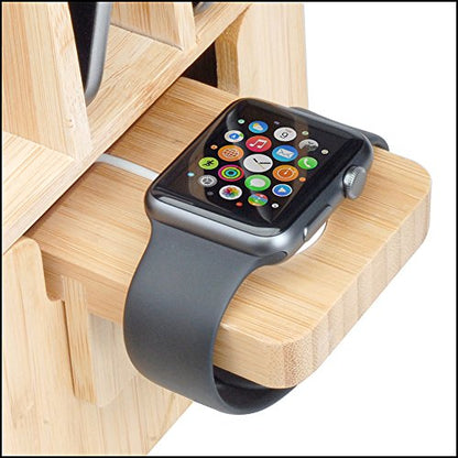 MobileVision Bamboo Charging Station & Compatible Apple Watch Adapter Combo Multi Device Organizer for Apple Watch, Smartphones, Tablets, Laptops, and More - color: Stand w/ Compatible Apple Watch Adapter Combo