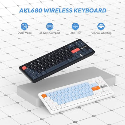 A.JAZZ AKL680 65% Low Profile Wireless Mechanical Keyboard, BT/2.4Ghz Dual Mode 68 Keys Gaming Keyboard with Ultra-Thin Blue Switches for PC/Laptop/Windows/Mac(Blue/Black) - color: Blue/Black/Blue Switch