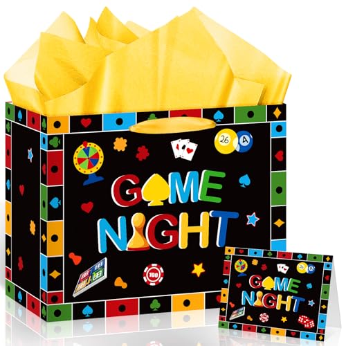 Neptniopllab Game Night Gift Bag with Card and Tissue Papers,Gaming House Board Games Themed Birthday Bag for Boys Kids Game Night Party Decorations Supplies