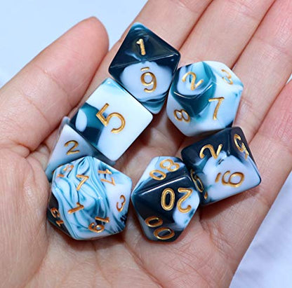 D&D Dice Set Teal White Dice for Dungeon and Dragons DND 7-Die RPG Dice D20 D12 D% D10 D8 D6 D4 - color: Teal Mixed White