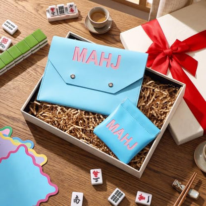 2 Pcs Leather Mahjong Card Bag Clutch Pouch Holder with PU Squeeze Dice Bag Mahjong Accessories Protector Cover Case for MAHJ Lover Playing Game Night (Light Blue) - color: Light Blue