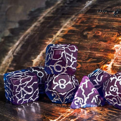 Purple DND Dice Cracked Polyhedral Dice Set D&D for Tabletop Games | Leather Storage Bag, DM Gift, for Dungeons and Dragons Role Playing Games - color: Crackle-silver