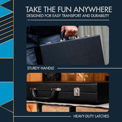 Pointworks 19 Inch Premium Backgammon Sets for Adults Leather Black - Blue. Premium 1.6 Inch Checkers & Dice Set, Travel Backgammon Set, Large, Backgammon Board Game, Backgammon Game Set - color: Black Case - Blue Field