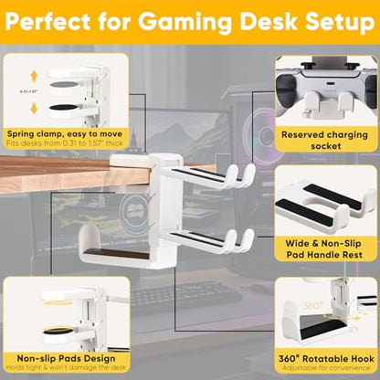 3-in-1 Under Desk Headphone Hanger with Adjustable Clamp Mount, 2 Controller Slots & 1 Headset Universal Holder Stand, Rotatable Hook Rack & Cable Organizer, for Home Gaming Xbox ps5 - White - size: White - 1 Headphone & 2 Controllers