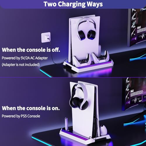 PS5 Cooling Station for PS5/Slim/Pro Disc Digital Console, PS5 Stand Cooling Fan Station with RGB Lights & 3 Level Fan, PS5-Controller Charger, PS5-Accessories with 3 USB Ports, Headset Holder - color: RGB White&Black