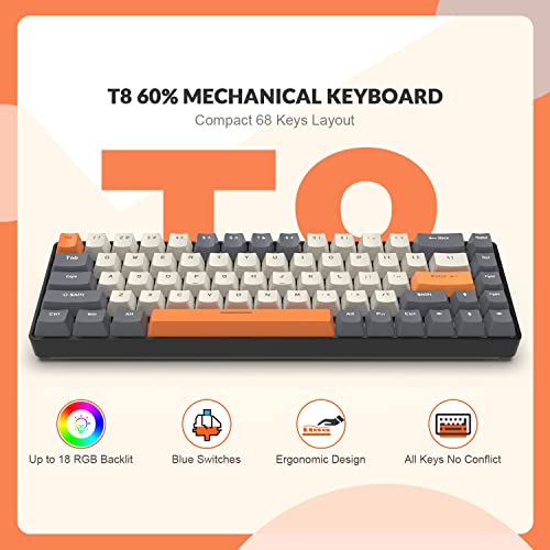 ZIYOU LANG 65% Wired RGB TKL Portable Mechanical Gaming Keyboard Dark Gray Blue Switch with Coiled Cable and Gray Cloud Wrist Rest for PC Mac Gamer