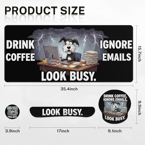 Britimes Funny Coffee Dog Keyboard Mouse Pad Set Retro Black 4in1 Large Mousepad+Keyboard Wrist Rest+Mouse Wrist Rest+Coaster Ergonomic Design for Home Office Computer 35.4x15.7 inches - color: Funny Coffee Dog