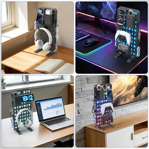 KDD 6 in 1 RGB Gaming Desk Accessories - No Drill Desk Organizer with Phone Stand/Storage Box/Headset & Controller Holder/Hooks, Freestanding Gaming Pegboard for Office & Home Desktop Decor Organizer