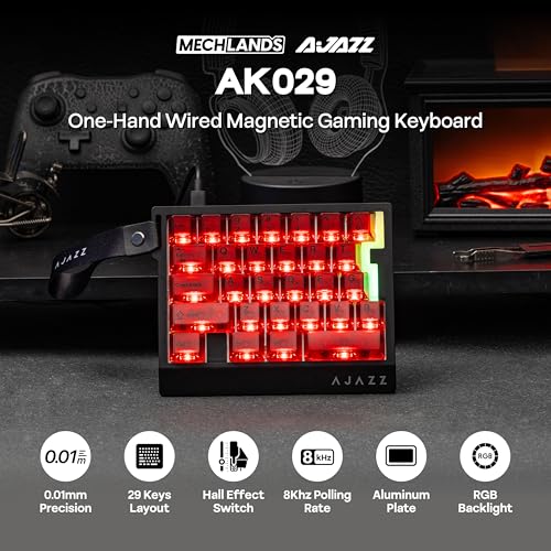 MechLands AJAZZ AK029 One Handed Gaming Keyboard, 8Khz Polling, 29 Keys Rapid Fast Wired Keyboard, SOCD & DKS, Magnetic Switch, Adjustable Actuation, RGB Backlits, Aluminum Plate (Red Transparent) - color: Red Transparent