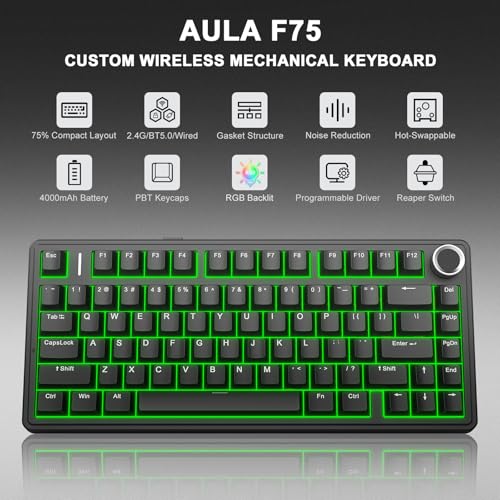 Aula F75 75% Wireless Mechanical Keyboard, Gasket Mount Hot Swappable Gaming Keyboard with Knob, Tri-Mode BT5.0/2.4G/USB-C, Creamy Thocky Sound Pre-lubed Linear Switch, PBT Keycaps for PC Mac - color: Black