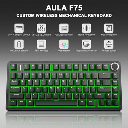 Aula F75 75% Wireless Mechanical Keyboard, Gasket Mount Hot Swappable Gaming Keyboard with Knob, Tri-Mode BT5.0/2.4G/USB-C, Creamy Thocky Sound Pre-lubed Linear Switch, PBT Keycaps for PC Mac - color: Black