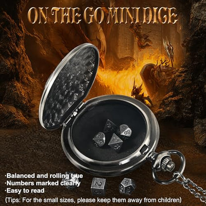 Kabinka DND Dice Set, 7pcs Mini Metal Dice with Pocket Watch Shell, Portable D&D with Necklace, Dungeons and Dragons Dice for RPG(Five-Headed Dragon, Ancient Silver) - color: Ancient Silver, style: Five-Headed Dragon