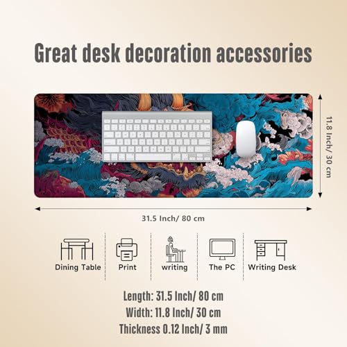 Extended Gaming Mouse Pad, Large Mouse Mat 3 mm Nature Rubber Base Mousepad with Stitched Edges, Non-Slip Desk Mat for Office Home Great Gift 31.5x11.8 Inch (Ukiyo-e Monster 3) - color: Ukiyo-e Monster 3