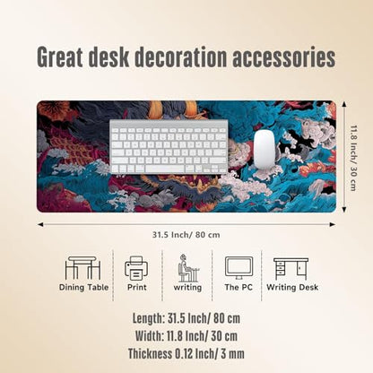 Extended Gaming Mouse Pad, Large Mouse Mat 3 mm Nature Rubber Base Mousepad with Stitched Edges, Non-Slip Desk Mat for Office Home Great Gift 31.5x11.8 Inch (Ukiyo-e Monster 3) - color: Ukiyo-e Monster 3