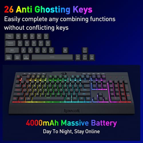 Redragon K525 PRO RGB 3-Mode Wireless Membrane Gaming Keyboard with Multimedia Keys, Linear Mechanical-Feel Switch, 4 Extra On-Board Macro Keys, Dedicated Media Control, Ergonomic Wrist Rest - color: Black, size: 104 Keys Lite Wireless