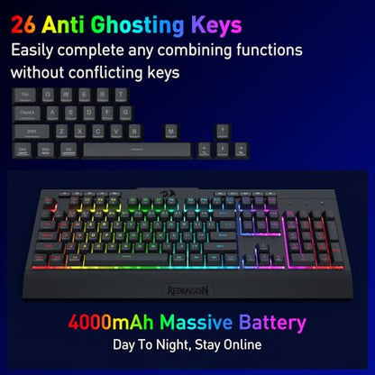 Redragon K525 PRO RGB 3-Mode Wireless Membrane Gaming Keyboard with Multimedia Keys, Linear Mechanical-Feel Switch, 4 Extra On-Board Macro Keys, Dedicated Media Control, Ergonomic Wrist Rest - color: Black, size: 104 Keys Lite Wireless