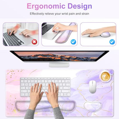 Large Gaming Mouse Pad Set, 4 in 1 Extended Keyboard Desk Mat with Wrist Rest, PC Computer Game Mousepad Set, Non-Slip Desk Pad Easy Typing Pain Relief for Home Office I Pink Purple Marble - color: Pink Purple Marble