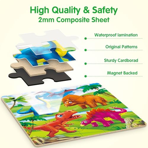 SYNARRY Dinosaur Magnetic Puzzles for Toddlers 3-5, 20 Pieces Travel Puzzles for Kids Ages 4-6, Easter Basket Stuffers Gifts for Kids, Car Airplane Road Trip Activities Magnet Games Toy - style: Dinosaur