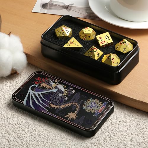 DNDND Flowers Metal Dice, 7 PCS Metallic DND Dice with Gorgeous Gift Case for D&D Dungeons and Dragon Tabletop Game (Red Flowers with Gold) - color: Flower Gold Red