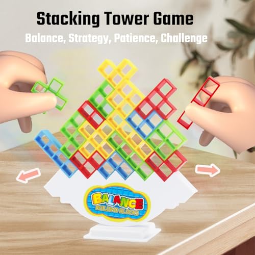 64 Pcs Stacking Tower Game with 22 Cards, Giant Tumble Balance Game for Kids, Family Games for Kids and Adults, Easter Gifts for Teen Boys & Girls, Party Board Game for Kids 6-12 & Adults