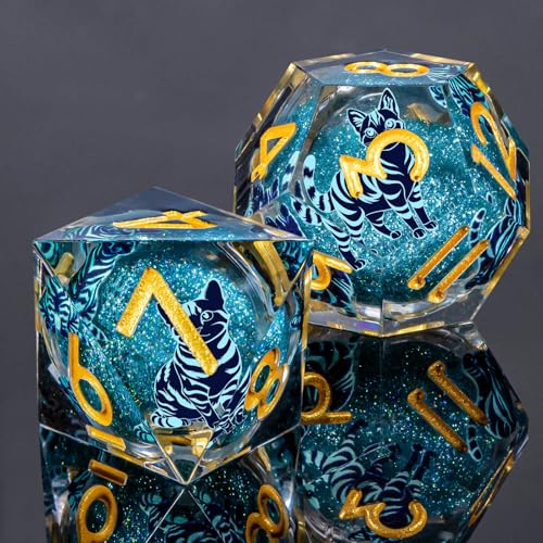 KERWELLSI Cat Liquid Core DND Dice Set with Gift Box, 7Pcs Resin Dungeons Sharp Edge D&D Dice, Dragons D and D Role Playing Dice D20 D12 D10 D8 D6 D4 - color: White and Blue Cat