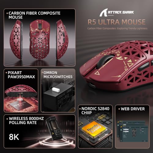 ATTACK SHARK R5Ultra 8K Carbon Fiber Wireless Gaming Mouse, Red | 42K DPI,PAW3950 MAX Sensor,39g Ultra-Lightweight,Nordic 52840 MCU Chip,Wired/BT/2.4GHz Wireless Programmable Mouse for PC/Mac - color: Red