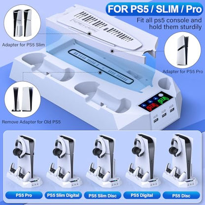 PS5/Slim/Pro Cooling Station for PlayStation 5 Console Disc/Digital Edition - PS5 Slim Pro Cooling Stand with Controller Charging Station Accessories-Cooler Fan/Headset Holder/3 USB Hub, White - color: 1-White