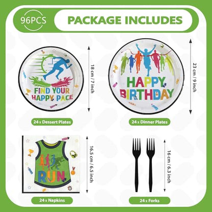 96 Pcs Happy Running Birthday Party Decorations, Serves 24 | Find Your Happy Pace Plates and Napkins Sports Fitness Tableware Set for Athletes Run Marathon Birthday Sports Party Supplies - style: Run Happy Birthday Plates m