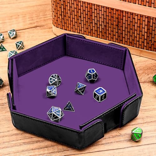 SIQUK Magnetic Folding Dice Tray Hexagon Dice Rolling Tray PU Leather Dice Trays Foldable Dice Holder Dice Rolling Mat Storage Box for D&D RPG Dice Games, Violet - color: Violet