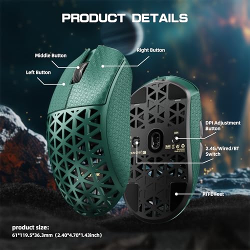 ATTACK SHARK R5Ultra 8K Carbon Fiber Wireless Gaming Mouse, Green&Tape | 42K DPI,PAW3950 MAX Sensor,39g Ultra-Lightweight,Nordic 52840 MCU Chip,Wired/BT/2.4GHz Wireless Programmable Mouse for PC/Mac - color: Green&Griptape