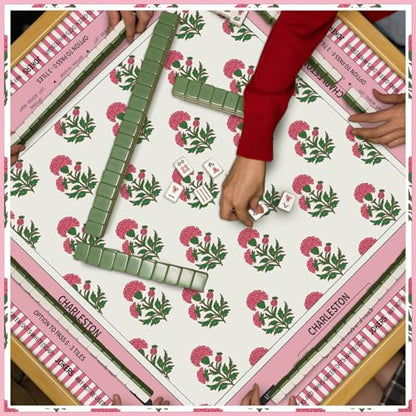 Tegeme Pink Chinoiserie Mahjong Mat 31.5x31.5 Inch American Mahjong Mat | Non Slip Noise Reduction Mah Jong Rug with Rules Portable Gaming Rug for Poker Tiles Dominoes - size: 31.5" X 31.5", style: Pink Rose