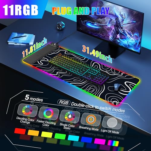 RGB Mouse Pad with Foldable Phone Stand Wireless Charger, 31.5"x11.8" XL Gaming Mousepad Large Desk Mat, Desk Pad with 11 Colors 5 Modes, Waterproof - color: Black Touch Control Stand XL Topographic