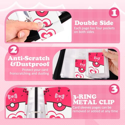 4 Pockets Trading Card Binder, 400 Card Holders with 50 Removable Sleeves, Portable Card Binder Album with zipper, Card holder Book for Game, Sport Collection (Pink) - color: Pink