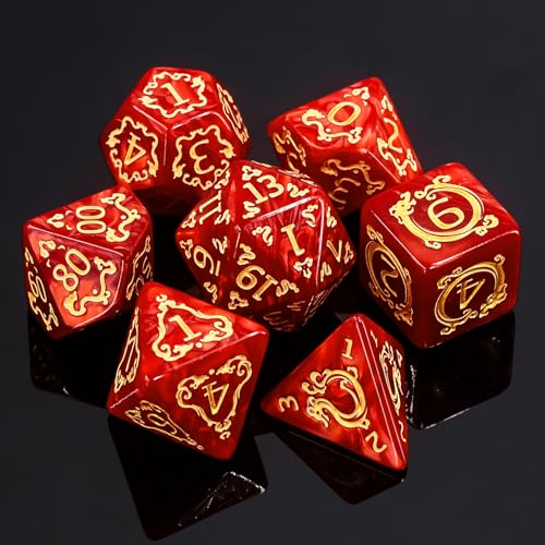 DND Dice Set - 7 Polyhedral Role Playing Dice with Gold Dragon Design, Acrylic D&D Dice Perfect for Dungeons and Dragons, Pathfinder, Warhammer, RPG Games (Red) - color: Gold Dragon-red