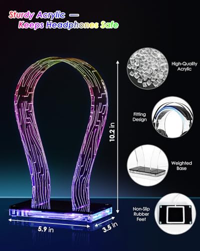 OAPRIRE Acrylic RGB Headphone Stand for Desk with Many Light Modes & Colors | Customizable 213 Lighting Modes & 60,000 Colors, with 4.8ft USB Power Cable, Universal, Sturdy, Gifts for Gamers Men