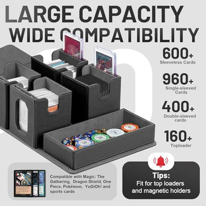Trading Card Storage Box with Commander Display for MTG, TCG, Sports Cards, 5-in-1 Card Deck Box, Holds 450+ Double-Sleeved Cards, 4 Individual Deck Cases with Covers, Dice Tray & Magnetic Holders - color: Black & Grey