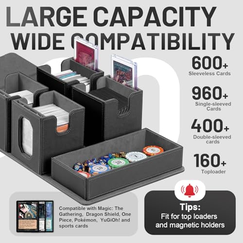 Trading Card Storage Box with Commander Display for MTG, TCG, Sports Cards, 5-in-1 Card Deck Box, Holds 450+ Double-Sleeved Cards, 4 Individual Deck Cases with Covers, Dice Tray & Magnetic Holders - color: Black & Grey