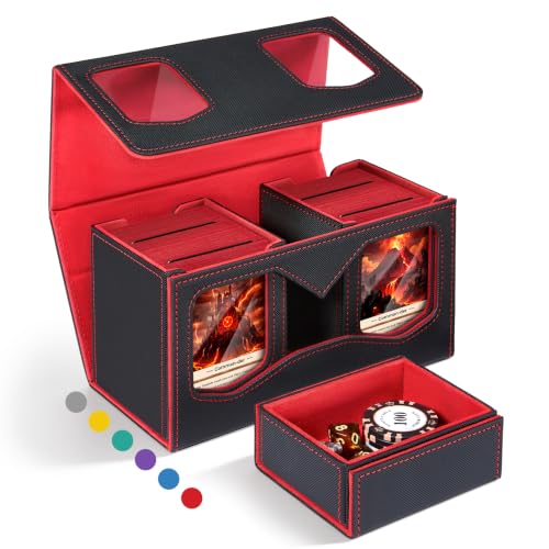 Fabmaker Deck Box Compatible with MTG, Large Capacity Trading Card Storage Box, All-in-One Leather Magnetic Closure Card Box with Token Tray, Card Box Compatible with Magic the Gathering - color: Red, size: 2 pack