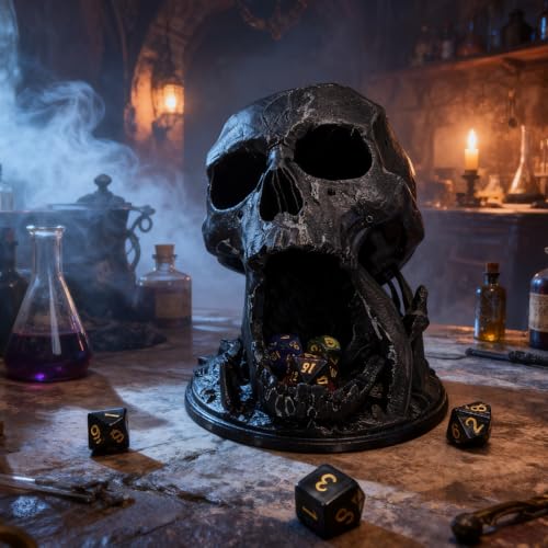 Skull Dice Tower Dungeons and Dragons 28mm D20 Miniature Wargaming RPG abletop Roleplaying Game Jail D&D (Random 7PCS D20 Dice Set Included) Black